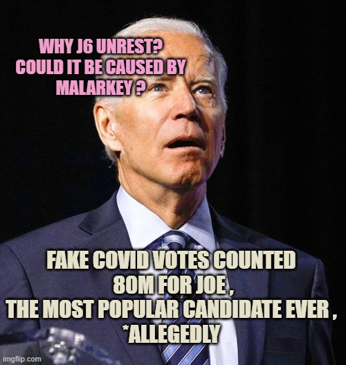 Joe Biden | WHY J6 UNREST?
COULD IT BE CAUSED BY
MALARKEY ? FAKE COVID VOTES COUNTED
 80M FOR JOE ,
THE MOST POPULAR CANDIDATE EVER ,
*ALLEGEDLY | image tagged in joe biden | made w/ Imgflip meme maker