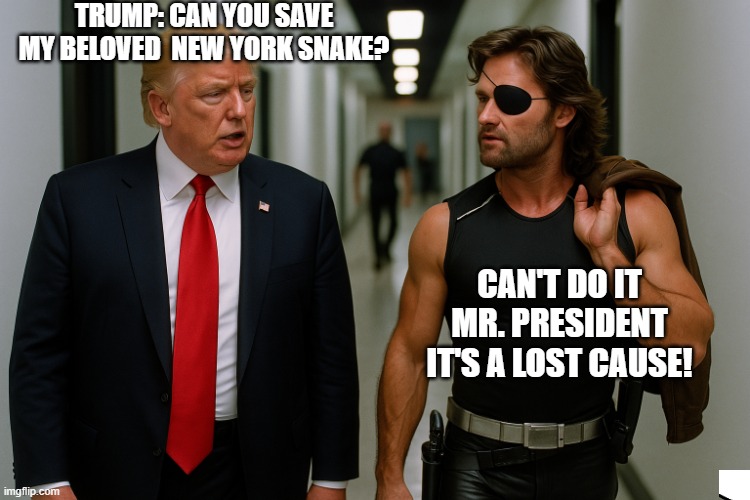 I'm Pretty Sure Snake would Agree!! | TRUMP: CAN YOU SAVE MY BELOVED  NEW YORK SNAKE? CAN'T DO IT MR. PRESIDENT IT'S A LOST CAUSE! | image tagged in trump with snake plissken,muslim,new york,communism,mayor,escape | made w/ Imgflip meme maker