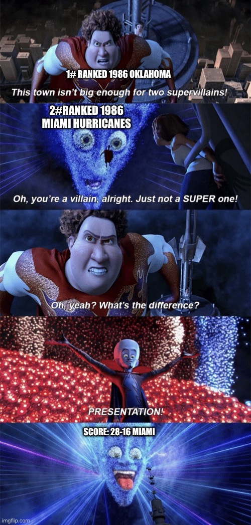 Presentation | 1# RANKED 1986 OKLAHOMA; 2#RANKED 1986 MIAMI HURRICANES; SCORE: 28-16 MIAMI | image tagged in presentation | made w/ Imgflip meme maker