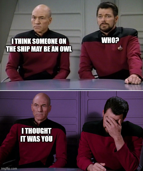 someone is an owl | WHO? I THINK SOMEONE ON THE SHIP MAY BE AN OWL; I THOUGHT IT WAS YOU | image tagged in picard riker listening to a pun | made w/ Imgflip meme maker