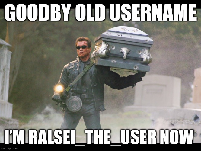 Nooooo | GOODBY OLD USERNAME; I’M RALSEI_THE_USER NOW | image tagged in terminator funeral | made w/ Imgflip meme maker