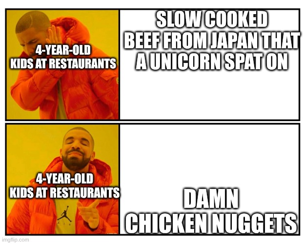 Drake Meme Template | SLOW COOKED BEEF FROM JAPAN THAT A UNICORN SPAT ON; 4-YEAR-OLD KIDS AT RESTAURANTS; DAMN CHICKEN NUGGETS; 4-YEAR-OLD KIDS AT RESTAURANTS | image tagged in drake meme template | made w/ Imgflip meme maker