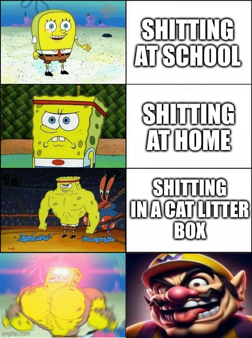 "SHIT IN MY MOUTH" -Wario in that one video | SHITTING
AT SCHOOL; SHITTING AT HOME; SHITTING
IN A CAT LITTER
BOX | image tagged in sponge finna commit muder | made w/ Imgflip meme maker