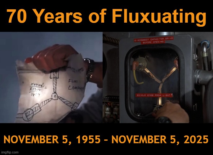 A Red-Letter Date Celebration | 70 Years of Fluxuating; NOVEMBER 5, 1955 – NOVEMBER 5, 2025 | image tagged in time travel,milestone,back to the future,celebration | made w/ Imgflip meme maker