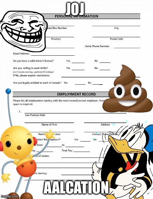 Joj Aaacation | JOJ; AALCATION | image tagged in job application blank | made w/ Imgflip meme maker