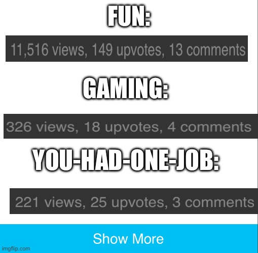 memes on different streams. you decide which is best | FUN:; GAMING:; YOU-HAD-ONE-JOB: | image tagged in show more 2 0,funny,memes,pranks,show more,imgflip | made w/ Imgflip meme maker