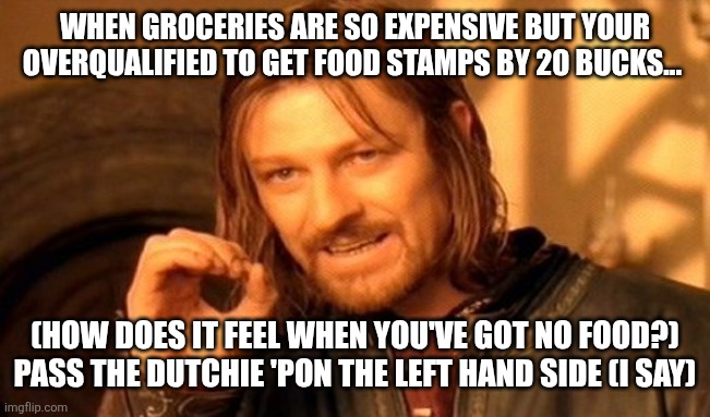 One Does Not Simply Meme | WHEN GROCERIES ARE SO EXPENSIVE BUT YOUR OVERQUALIFIED TO GET FOOD STAMPS BY 20 BUCKS... (HOW DOES IT FEEL WHEN YOU'VE GOT NO FOOD?)
PASS THE DUTCHIE 'PON THE LEFT HAND SIDE (I SAY) | image tagged in memes,one does not simply | made w/ Imgflip meme maker