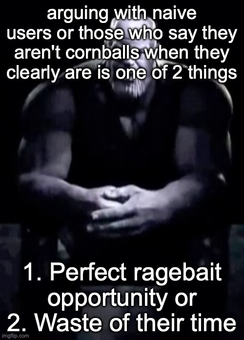 Thanos sitting | arguing with naive users or those who say they aren't cornballs when they clearly are is one of 2 things; 1. Perfect ragebait opportunity or 2. Waste of their time | image tagged in thanos sitting | made w/ Imgflip meme maker