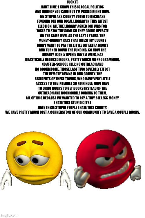 I hate my county | FUCK IT, RANT TIME: I KNOW THIS IS LOCAL POLITICS AND NONE OF YOU CARE BUT I'M PISSED RIGHT NOW. MY STUPID ASS COUNTY VOTED TO DECREASE FUNDING FOR OUR LOCAL LIBRARY IN THIS LATEST ELECTION. ALL THE LIBRARY ASKED FOR WAS FOR TAXES TO STAY THE SAME SO THEY COULD OPERATE ON THE SAME LEVEL AS THE LAST 7 YEARS. THE MONEY-HUNGRY RATS THAT INFEST MY COUNTY DIDN'T WANT TO PAY THE LITTLE BIT EXTRA MONEY AND TURNED DOWN THE FUNDING. SO NOW THE LIBRARY IS ONLY OPEN 5 DAYS A WEEK, HAS DRASTICALLY REDUCED HOURS, PRETTY MUCH NO PROGRAMMING, NO AFTER-SCHOOL HELP, NO OUTREACH AND NO BOOKMOBILE. THOSE LAST TWO SEVERELY EFFECT THE REMOTE TOWNS IN OUR COUNTY. THE RESIDENTS OF THESE TOWNS, WHO HAVE VERY LITTLE ACCESS TO THE INTERNET SO NO KINDLE, NOW HAVE TO DRIVE HOURS TO GET BOOKS INSTEAD OF THE OUTREACH AND BOOKMOBILE COMING TO THEM. ALL OF THIS BECAUSE WE WANTED TO PAY A TINY BIT LESS MONEY.
I HATE THIS STUPID CITY, I HATE THESE STUPID PEOPLE I HATE THIS COUNTY. WE HAVE PRETTY MUCH LOST A CORNERSTONE OF OUR COMMUNITY TO SAVE A COUPLE BUCKS. | image tagged in election,library,politics | made w/ Imgflip meme maker