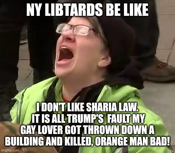 NY LIBTARDS BE LIKE I DON'T LIKE SHARIA LAW.  IT IS ALL TRUMP'S  FAULT MY GAY LOVER GOT THROWN DOWN A BUILDING AND KILLED, ORANGE MAN BAD! | image tagged in crying liberal | made w/ Imgflip meme maker