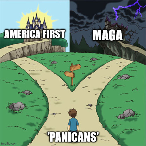 Two Paths | MAGA; AMERICA FIRST; 'PANICANS' | image tagged in two paths | made w/ Imgflip meme maker