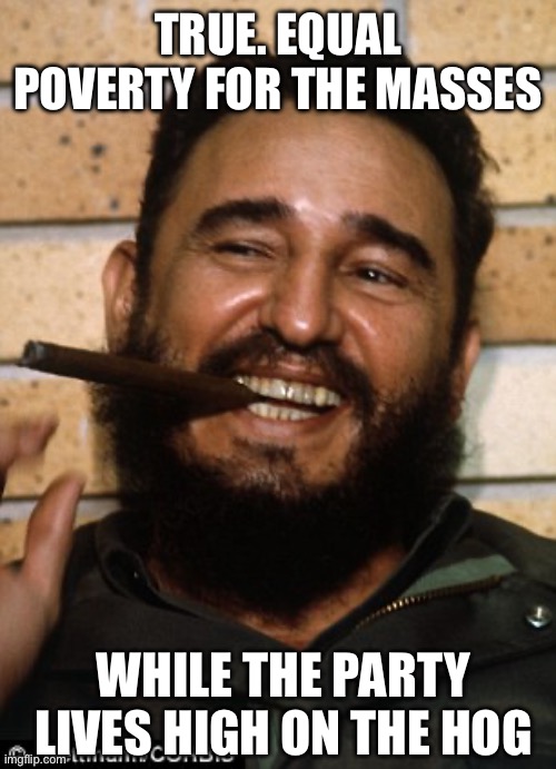 Fidel Castro | TRUE. EQUAL POVERTY FOR THE MASSES WHILE THE PARTY LIVES HIGH ON THE HOG | image tagged in fidel castro | made w/ Imgflip meme maker