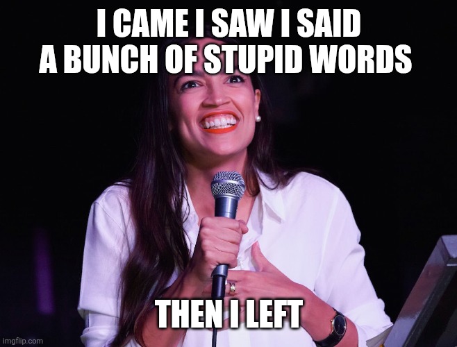 AOC | I CAME I SAW I SAID A BUNCH OF STUPID WORDS; THEN I LEFT | image tagged in aoc crazy,funny memes | made w/ Imgflip meme maker