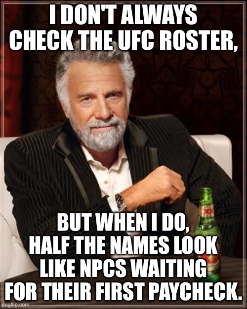I DON’T ALWAYS LOOK AT THE UFC ROSTER | I DON'T ALWAYS CHECK THE UFC ROSTER, BUT WHEN I DO, HALF THE NAMES LOOK LIKE NPCS WAITING FOR THEIR FIRST PAYCHECK. | image tagged in memes,the most interesting man in the world,ufc,martial arts,sports,fighting | made w/ Imgflip meme maker
