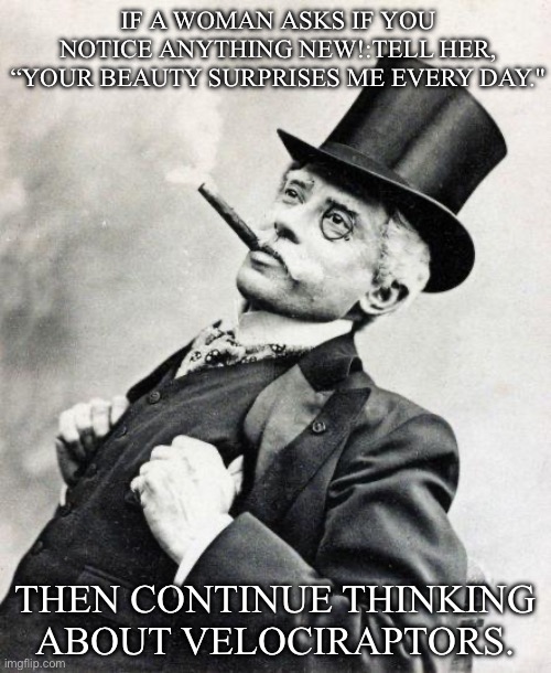 Surprised by her beauty? | IF A WOMAN ASKS IF YOU NOTICE ANYTHING NEW!:TELL HER,
“YOUR BEAUTY SURPRISES ME EVERY DAY."; THEN CONTINUE THINKING ABOUT VELOCIRAPTORS. | image tagged in smug gentleman,beauty,woman,compliment | made w/ Imgflip meme maker