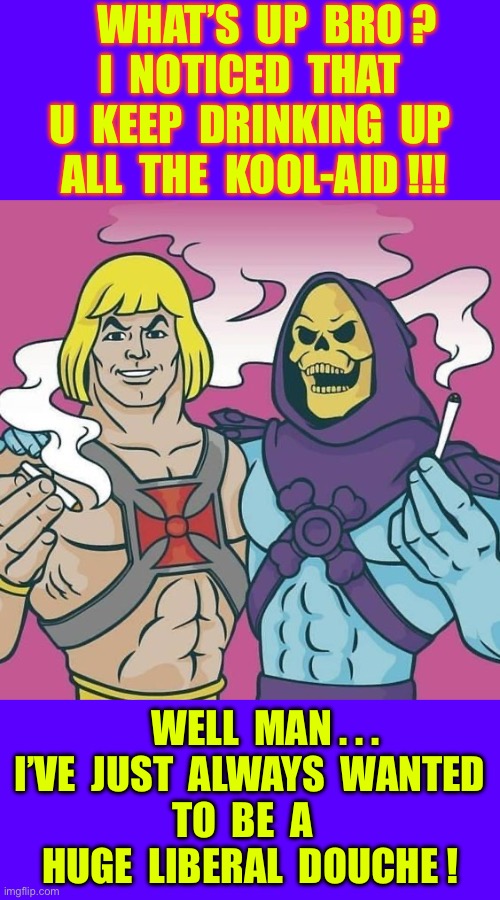 WIN or LOSE !!!  CAN’T WE ALL JUST SEE THINGS … AS THEY TRULY ARE ?  BLESS OUR FREEDOMS !  ?? | WHAT’S  UP  BRO ?
I  NOTICED  THAT
U  KEEP  DRINKING  UP
 ALL  THE  KOOL-AID !!! WELL  MAN . . .
 I’VE  JUST  ALWAYS  WANTED 
TO  BE  A  
HUGE  LIBERAL  DOUCHE ! | image tagged in he-man skeletor buddies | made w/ Imgflip meme maker