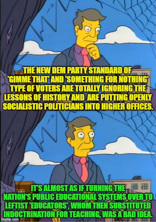 Yeah Skinner . . . you think? | THE NEW DEM PARTY STANDARD OF  'GIMME THAT' AND 'SOMETHING FOR NOTHING' TYPE OF VOTERS ARE TOTALLY IGNORING THE LESSONS OF HISTORY AND  ARE PUTTING OPENLY SOCIALISTIC POLITICIANS INTO HIGHER OFFICES. IT'S ALMOST AS IF TURNING THE NATION'S PUBLIC EDUCATIONAL SYSTEMS OVER TO LEFTIST 'EDUCATORS', WHOM THEN SUBSTITUTED INDOCTRINATION FOR TEACHING, WAS A BAD IDEA. | image tagged in skinner out of touch | made w/ Imgflip meme maker
