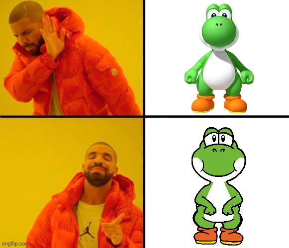 the 2D looks better and cuter | image tagged in drake meme,yoshi,super mario bros,super mario,nintendo | made w/ Imgflip meme maker