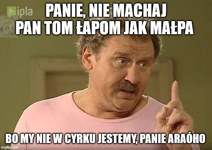 ferdek | PANIE, NIE MACHAJ PAN TOM ŁAPOM JAK MAŁPA; BO MY NIE W CYRKU JESTEMY, PANIE ARAÓHO | image tagged in ferdek | made w/ Imgflip meme maker