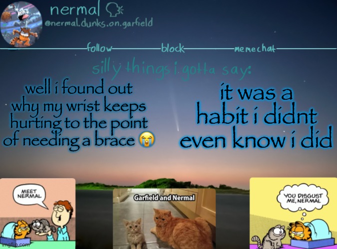 I keep picking myself up with the back of my hand instead of my palm | well i found out why my wrist keeps hurting to the point of needing a brace 😭; it was a habit i didnt even know i did | image tagged in nermal speak | made w/ Imgflip meme maker