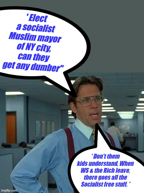 Now the Rich & businesses will vote with their feet. Bye Bye NY | ' Elect a socialist Muslim mayor of NY city, can they get any dumber"; ' Don't them kids understand, When WS & the Rich leave, there goes all the Socialist free stuff. ' | image tagged in memes,that would be great | made w/ Imgflip meme maker