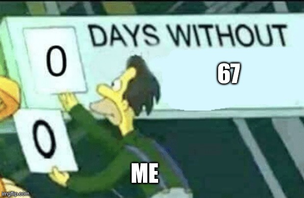 0 days without (Lenny, Simpsons) | 67; ME | image tagged in 0 days without lenny simpsons | made w/ Imgflip meme maker