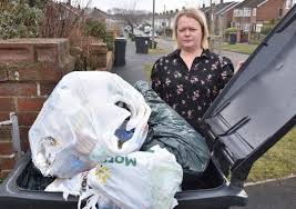 overfilled trash bin frustrated woman Blank Meme Template