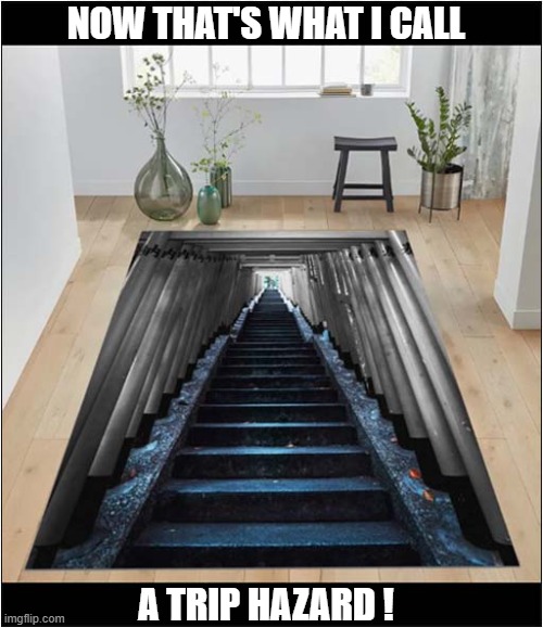 The Perils Of A 3D Carpet | NOW THAT'S WHAT I CALL; A TRIP HAZARD ! | image tagged in now thats what i call,3d,carpet,trip hazard | made w/ Imgflip meme maker