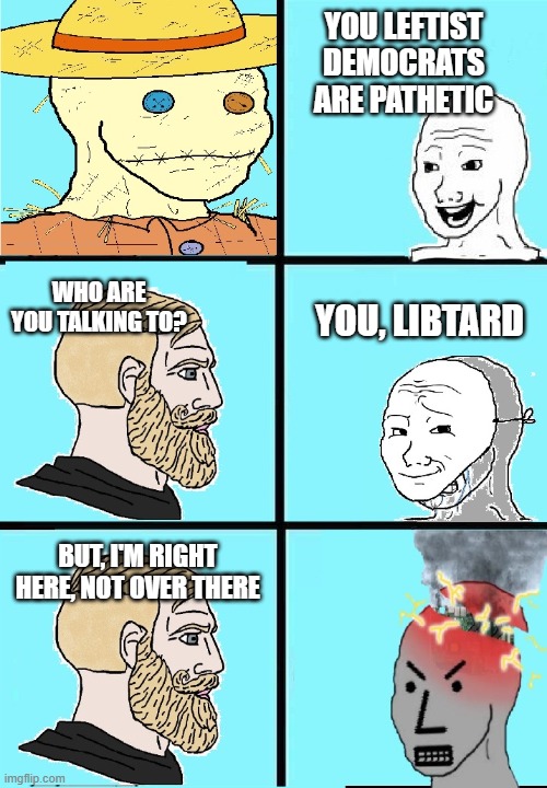 wojak strawman vs npc mask slip | YOU LEFTIST DEMOCRATS ARE PATHETIC; WHO ARE YOU TALKING TO? YOU, LIBTARD; BUT, I'M RIGHT HERE, NOT OVER THERE | image tagged in wojak strawman vs npc mask slip | made w/ Imgflip meme maker
