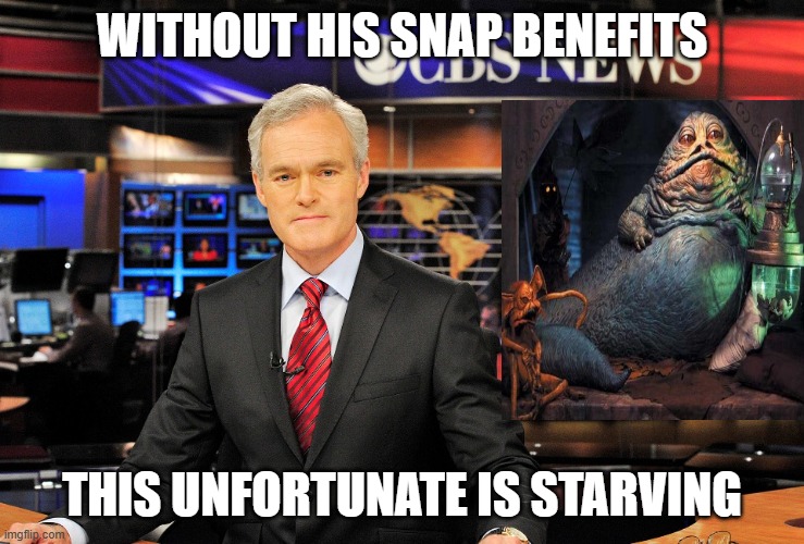 fake news | WITHOUT HIS SNAP BENEFITS; THIS UNFORTUNATE IS STARVING | image tagged in news anchor | made w/ Imgflip meme maker