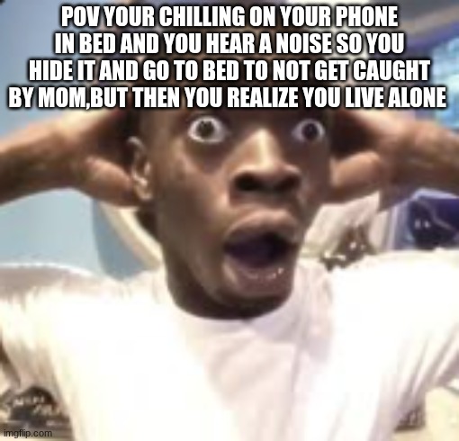 pov you live alone | POV YOUR CHILLING ON YOUR PHONE IN BED AND YOU HEAR A NOISE SO YOU HIDE IT AND GO TO BED TO NOT GET CAUGHT BY MOM,BUT THEN YOU REALIZE YOU LIVE ALONE | image tagged in surprise | made w/ Imgflip meme maker