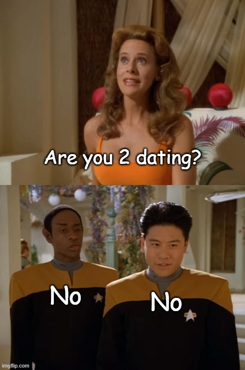 They are NOT Dating | Are you 2 dating? No; No | image tagged in tovok and kim disagree | made w/ Imgflip meme maker