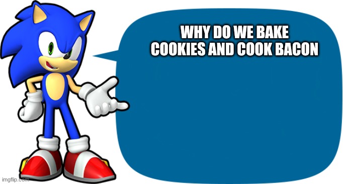 Sonic Sez | WHY DO WE BAKE COOKIES AND COOK BACON | image tagged in sonic sez | made w/ Imgflip meme maker