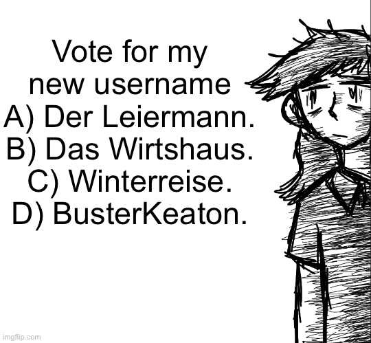 Im in a very schubert mood | Vote for my new username
A) Der Leiermann.
B) Das Wirtshaus.
C) Winterreise.
D) BusterKeaton. | image tagged in thousand yard stare dea | made w/ Imgflip meme maker