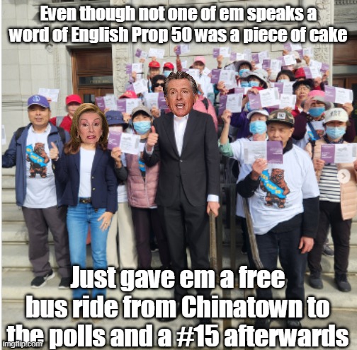 Gerrys gotta Mander | Even though not one of em speaks a word of English Prop 50 was a piece of cake; Just gave em a free bus ride from Chinatown to the polls and a #15 afterwards | image tagged in newsom pelosi prop 50 chinatown meme | made w/ Imgflip meme maker