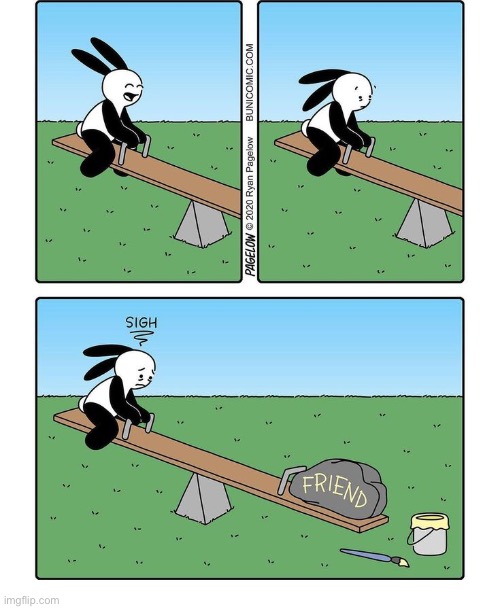 Buni Comics | image tagged in comics,buni comics,seesaw,friend,rock,sigh | made w/ Imgflip meme maker
