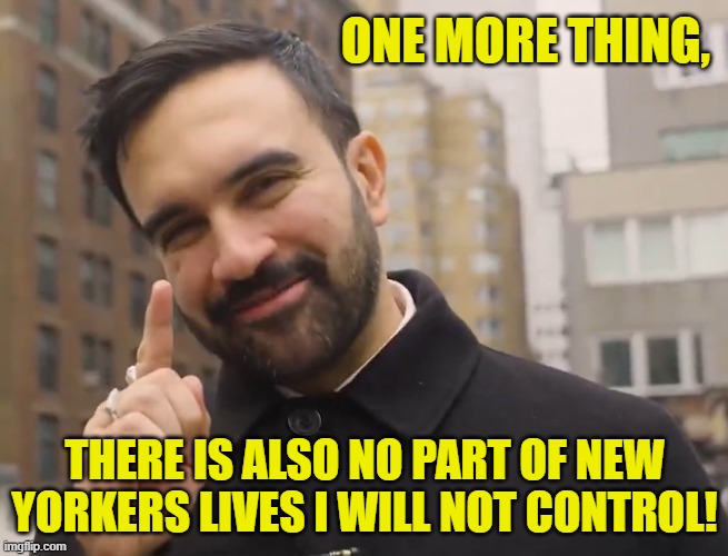 One more thing... | ONE MORE THING, THERE IS ALSO NO PART OF NEW YORKERS LIVES I WILL NOT CONTROL! | image tagged in mamdani,new york,new york city,nyc,socialist,socialism | made w/ Imgflip meme maker