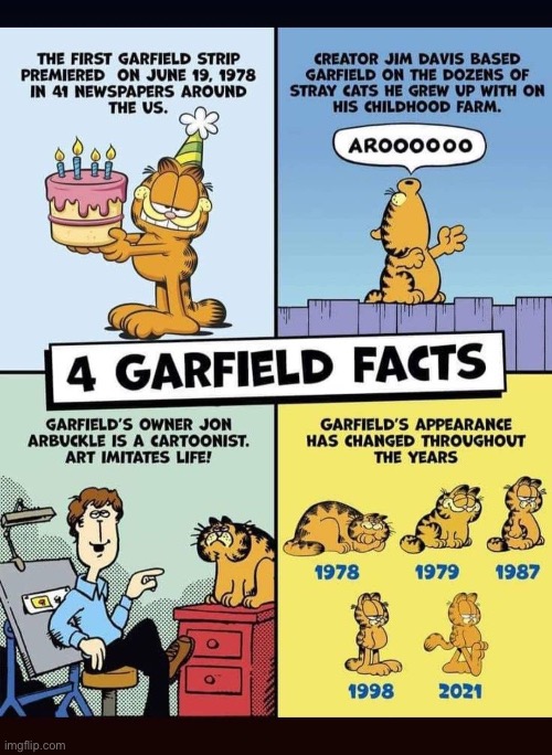 image tagged in comics,garfield,fun facts,through the years,jon,cats | made w/ Imgflip meme maker