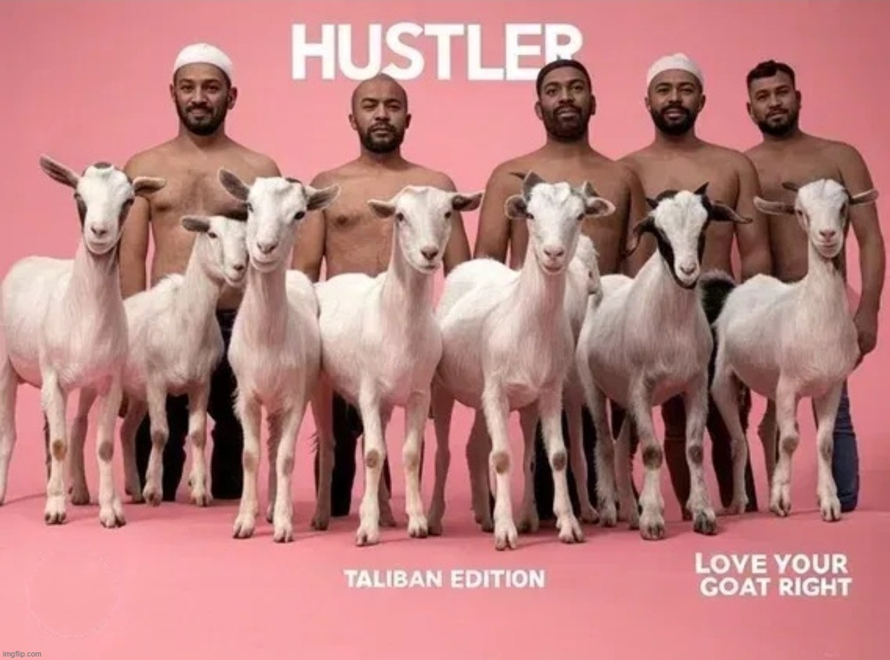 Behind every screaming goat is a Muslim with his pants down. | image tagged in hustler,taliban,bestiality,radical islam,goat shaggers,heathen | made w/ Imgflip meme maker