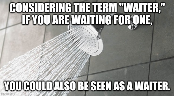 Shower Thoughts | CONSIDERING THE TERM "WAITER," IF YOU ARE WAITING FOR ONE, YOU COULD ALSO BE SEEN AS A WAITER. | image tagged in shower thoughts | made w/ Imgflip meme maker
