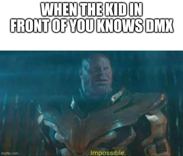 how... not even | WHEN THE KID IN FRONT OF YOU KNOWS DMX | image tagged in thanos impossible | made w/ Imgflip meme maker