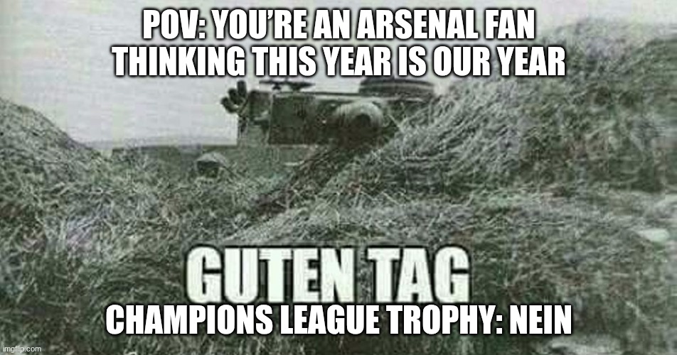 German guten tag tiger | POV: YOU’RE AN ARSENAL FAN THINKING THIS YEAR IS OUR YEAR; CHAMPIONS LEAGUE TROPHY: NEIN | image tagged in german guten tag tiger | made w/ Imgflip meme maker