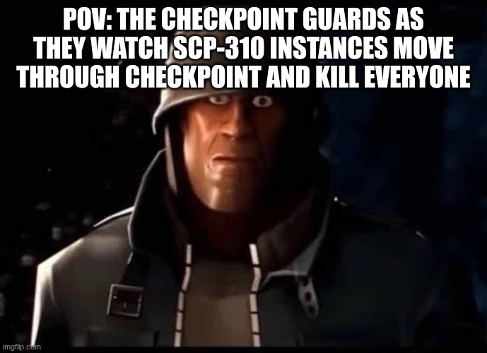 It's always 310 aswell. | POV: THE CHECKPOINT GUARDS AS THEY WATCH SCP-310 INSTANCES MOVE THROUGH CHECKPOINT AND KILL EVERYONE | image tagged in soldier thousand yard stare | made w/ Imgflip meme maker