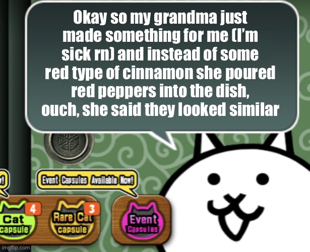 She made one for herself too, now we’re practically both on fire | Okay so my grandma just made something for me (I’m sick rn) and instead of some red type of cinnamon she poured red peppers into the dish, ouch, she said they looked similar | image tagged in the basic cat says something | made w/ Imgflip meme maker