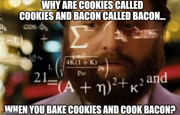 Trying to calculate how much sleep I can get | WHY ARE COOKIES CALLED COOKIES AND BACON CALLED BACON... WHEN YOU BAKE COOKIES AND COOK BACON? | image tagged in trying to calculate how much sleep i can get | made w/ Imgflip meme maker