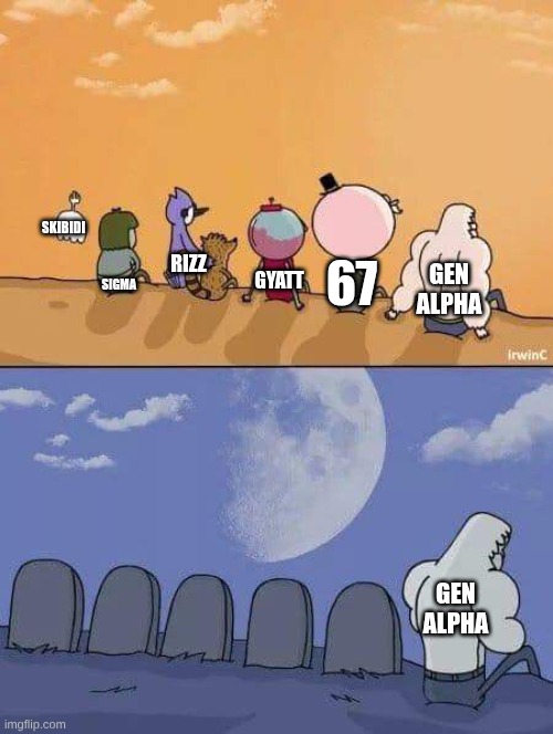 Regular Show Graves | SKIBIDI; RIZZ; GEN ALPHA; SIGMA; 67; GYATT; GEN ALPHA | image tagged in regular show graves | made w/ Imgflip meme maker