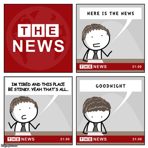 news | IM TIRED AND THIS PLACE BE STINKY. YEAH THAT'S ALL.. | image tagged in the news | made w/ Imgflip meme maker