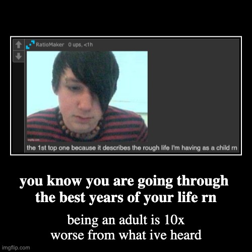 you know you are going through 
the best years of your life rn | being an adult is 10x worse from what ive heard | image tagged in funny,demotivationals | made w/ Imgflip demotivational maker