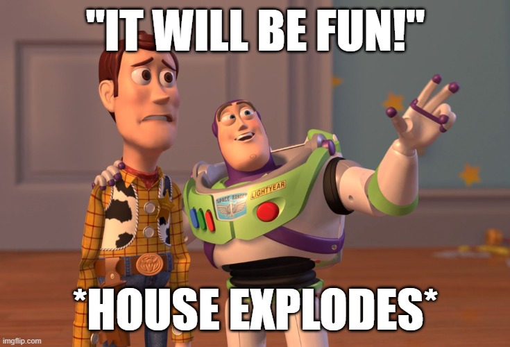 X, X Everywhere | "IT WILL BE FUN!"; *HOUSE EXPLODES* | image tagged in memes,x x everywhere | made w/ Imgflip meme maker