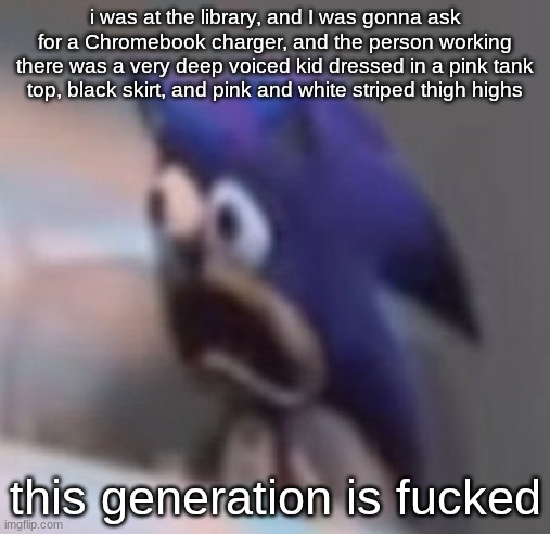 like bro all I wanted was a Chromebook charger, not trauma | i was at the library, and I was gonna ask for a Chromebook charger, and the person working there was a very deep voiced kid dressed in a pink tank top, black skirt, and pink and white striped thigh highs; this generation is fucked | image tagged in traumatised sonic | made w/ Imgflip meme maker